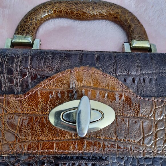 vintage Italian Leather Handbag Bag Brown Faux Croc Embossed Suede Top Handle - Picture 2 of 12
